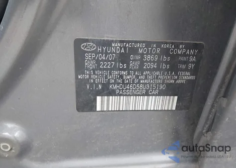 2008 Hyundai Elantra Gls/Se from USA, damaged, VIN KMHDU46D58U315190